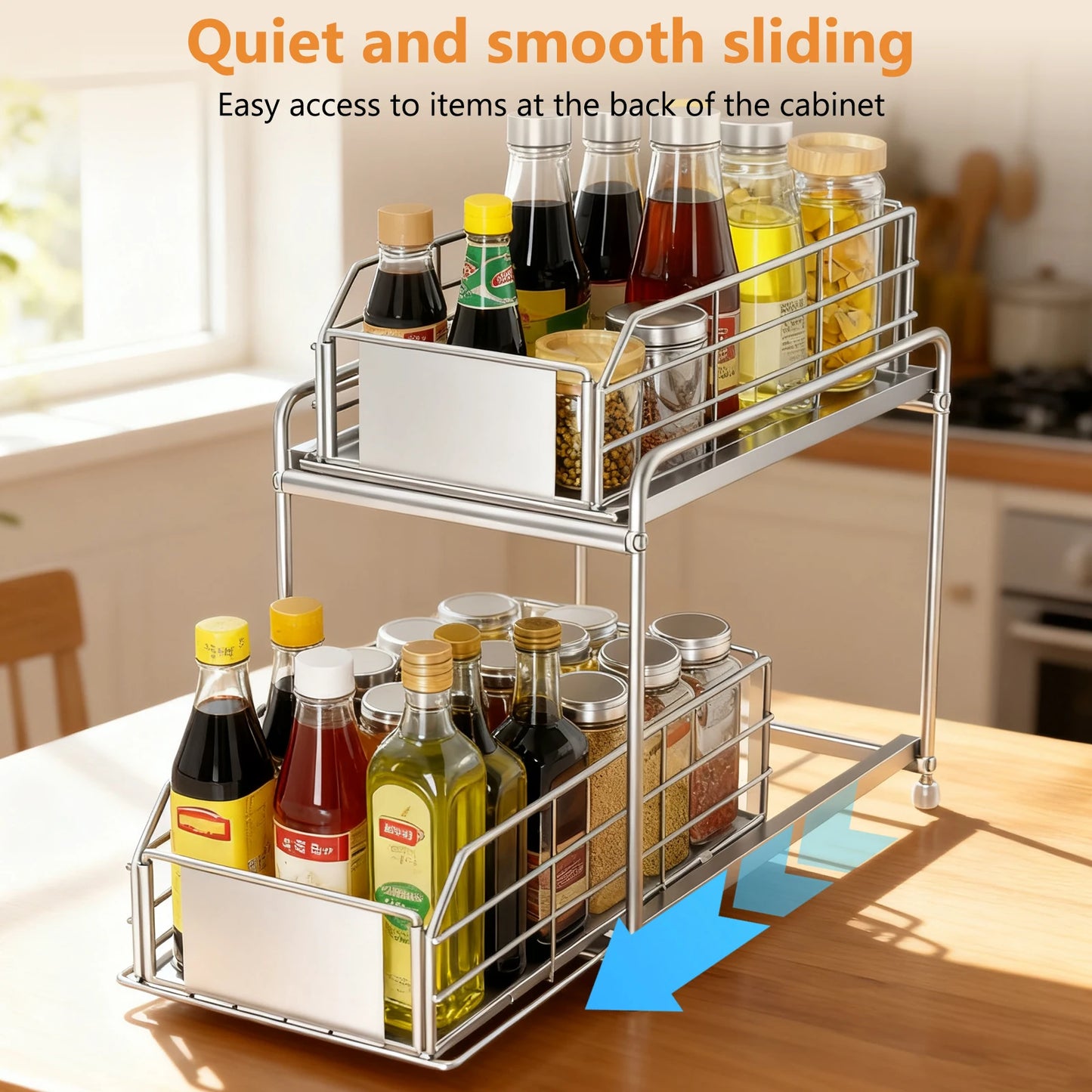 Pull out Cabinet Organizer 2-Tier Spice Rack Inside Cupboard Metal Shelf Rack Organization Drawers for Kitchen Bathroom Storage