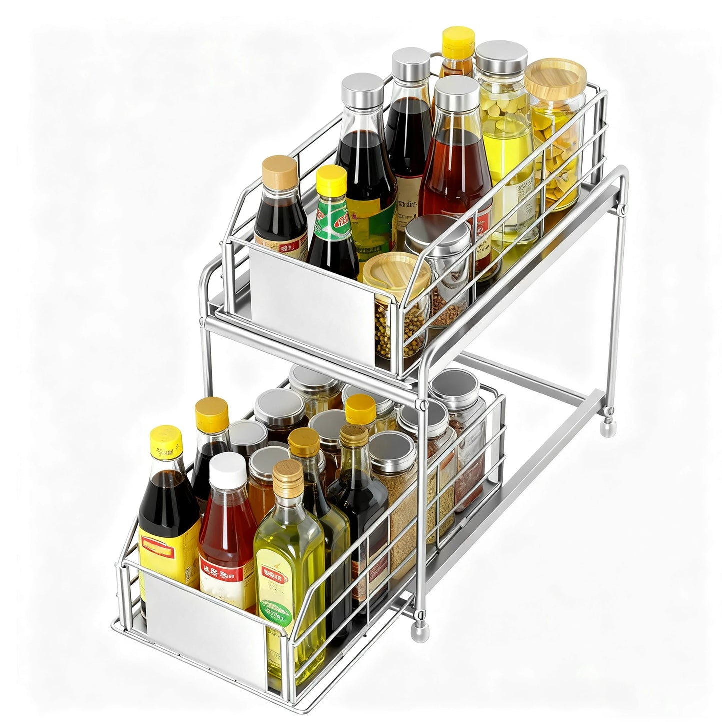 Pull out Cabinet Organizer 2-Tier Spice Rack Inside Cupboard Metal Shelf Rack Organization Drawers for Kitchen Bathroom Storage