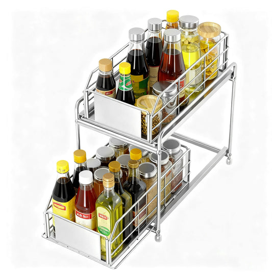 Pull out Cabinet Organizer 2-Tier Spice Rack Inside Cupboard Metal Shelf Rack Organization Drawers for Kitchen Bathroom Storage
