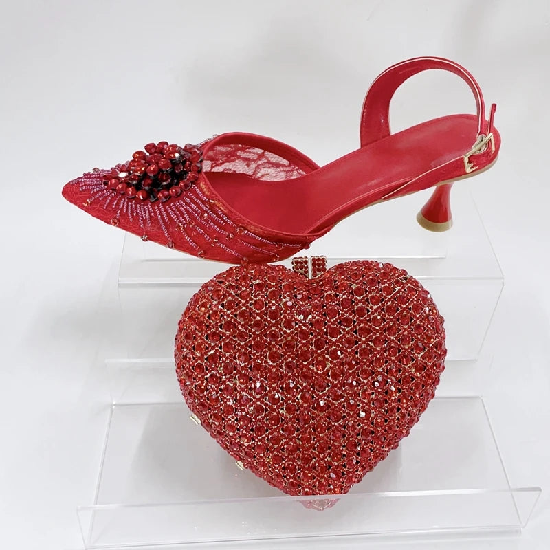 INSIGHTLINK Red Color Party Shoes and Bags Nigerian Women’s Suit Medium Heel Pointed Toe Women’s Shoes  Rhinestones sandals Red