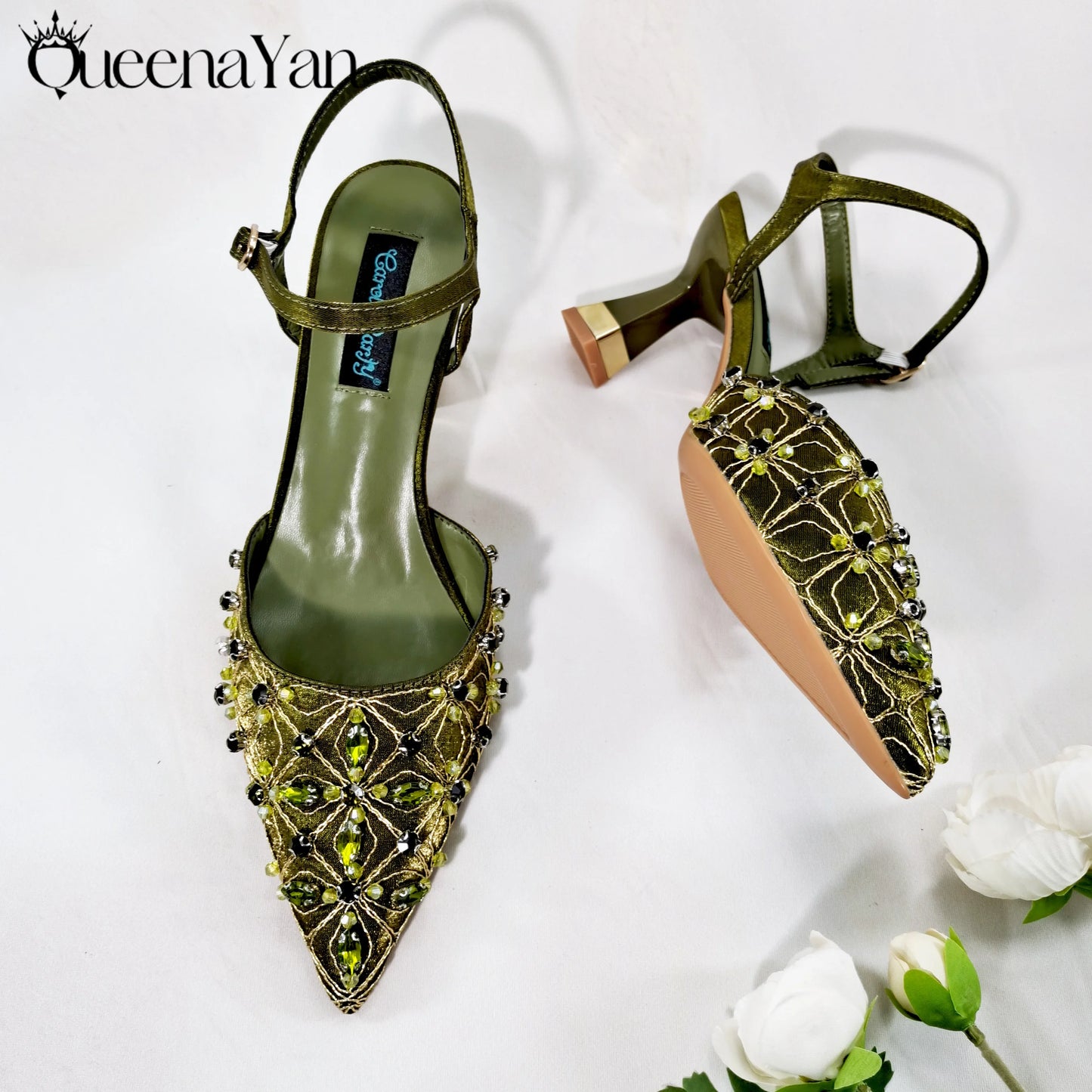 Queena Yan The best gift: Sweet Design Embroidered Beaded Pointed Toe Shoes Comfortable Square Heel Sandals