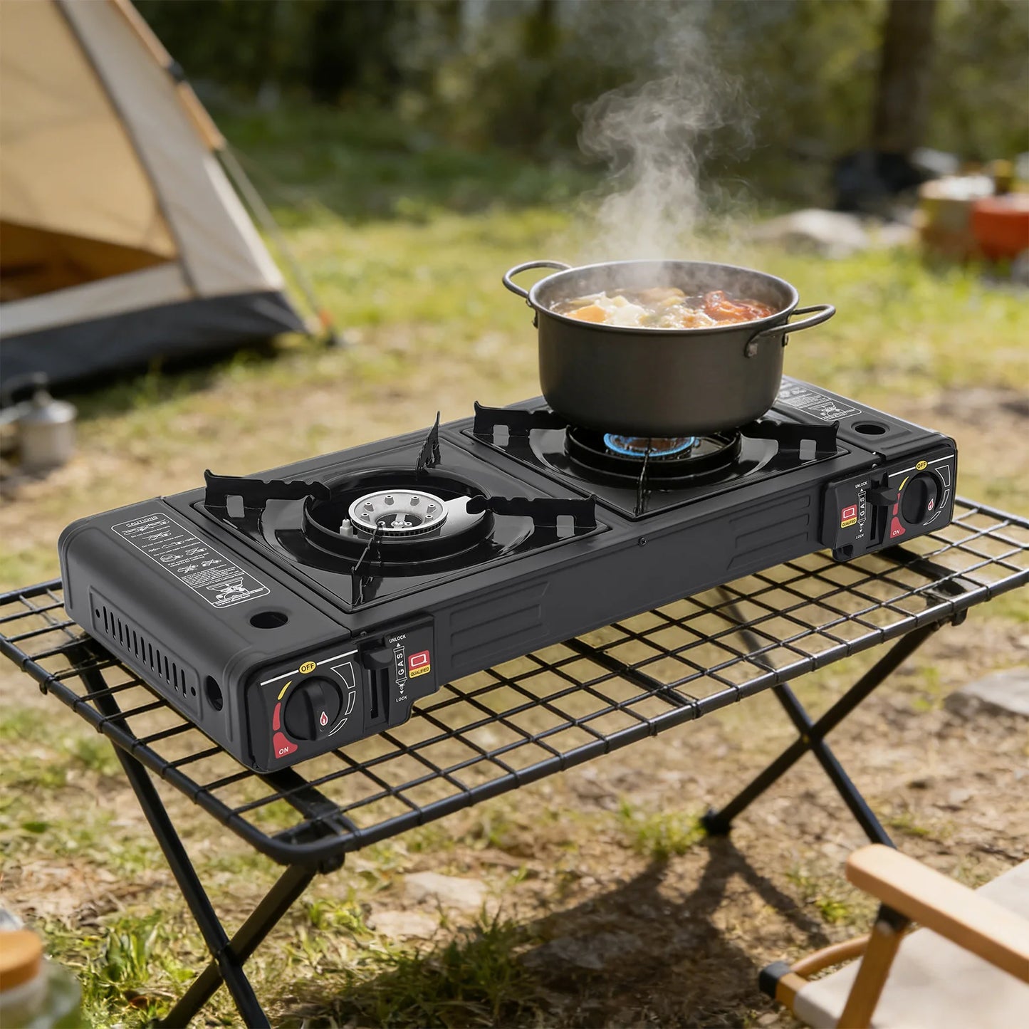 Portable Camping Stove 2500W Dual Burner Gas Stove with Baking Tray & Carry Case for Outdoor Camping Picnic RV Patio Cooking