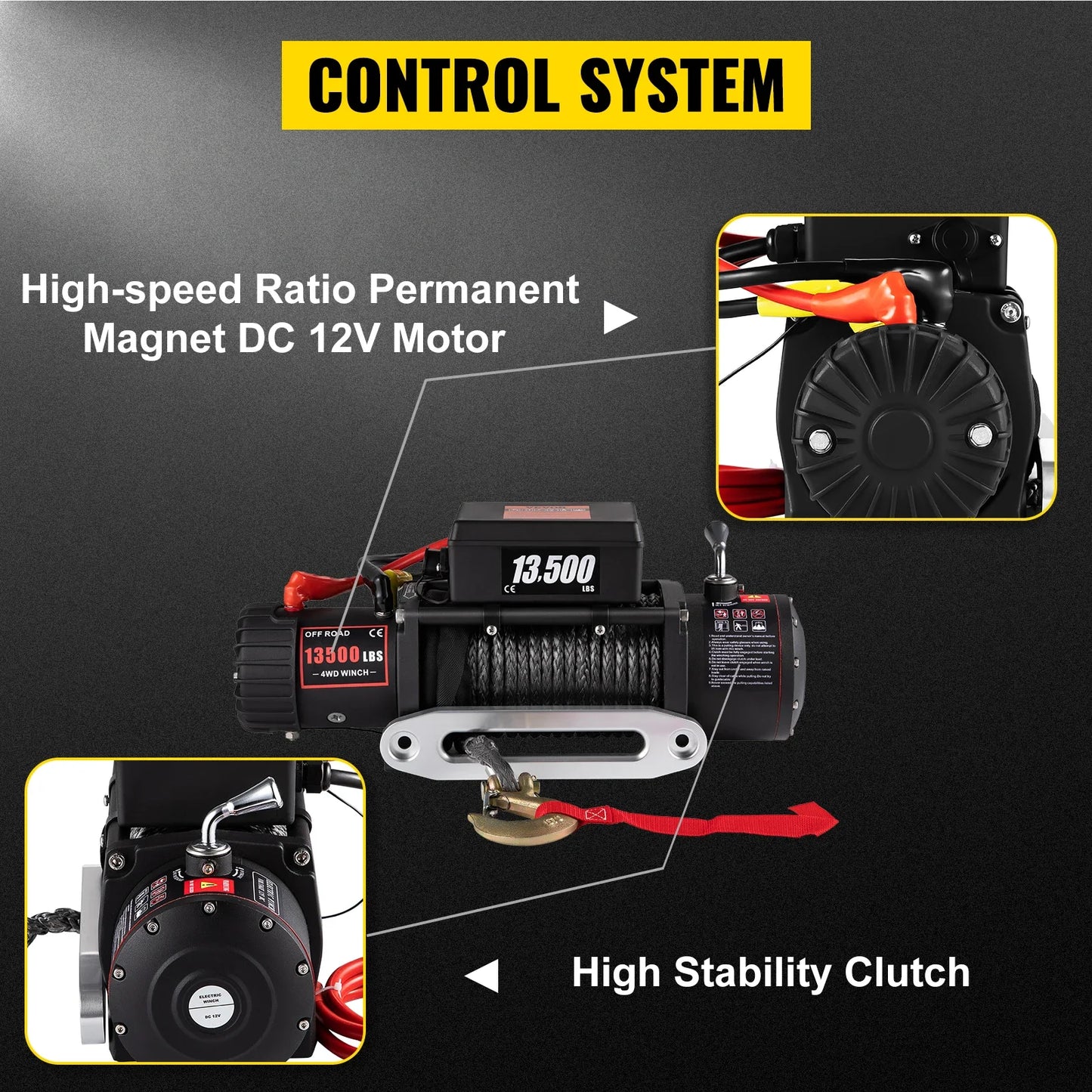 SIHAO 13500LB 12V Electric Capstan Winch - 92-Alloy Synthetic Rope 27M for Off-Road 4x4 Car/ATV/Boat/Trailer Lift Waterproof