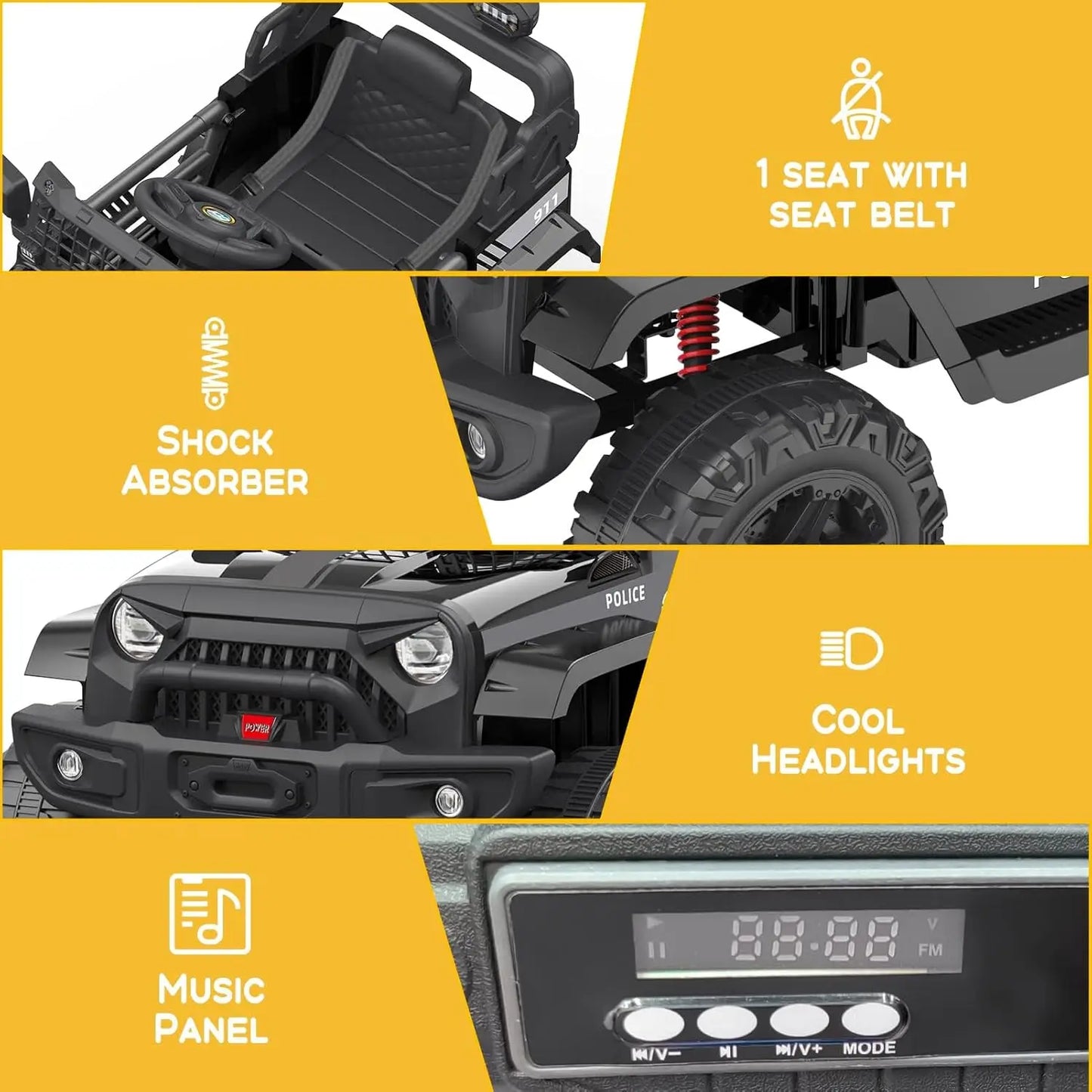 Electric Car Kid 12V Children's Ride On Off-Road Car Toys with Suspension Spring/LED Lights/Bluetooth/2 Speeds for 3 to 8 Years