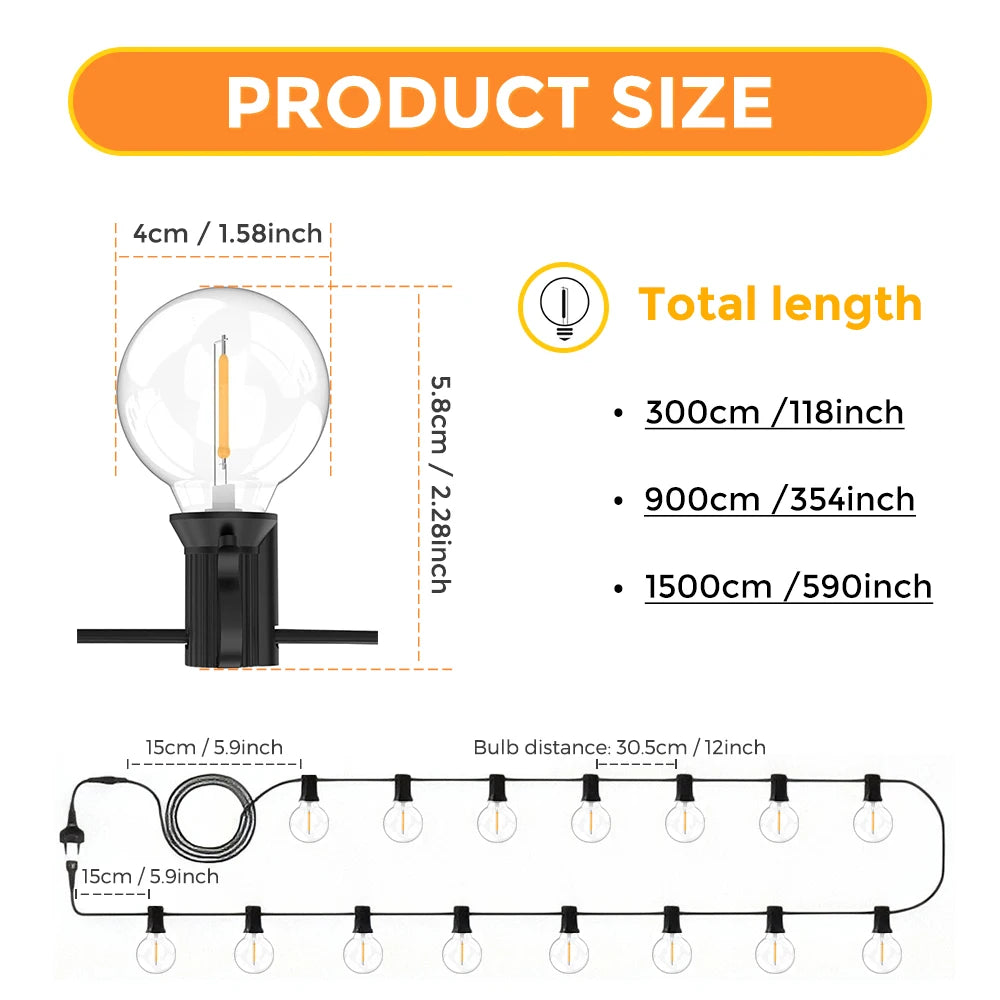 30M/15M/9M G40 LED Globe String Lights Outdoor with EU Plug, Bright Plastic Waterproof Bulbs For Party Garden Garland Lamp