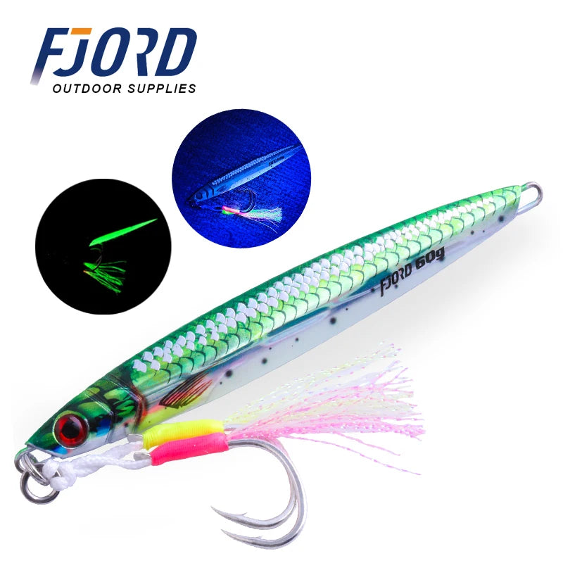 FJORD 3D Printing Metal Jig Night Glow Vertical Jig 40g 60g 80g Laser Strong Glow Silk UV Point Pike Hook Fishing Lure Supply