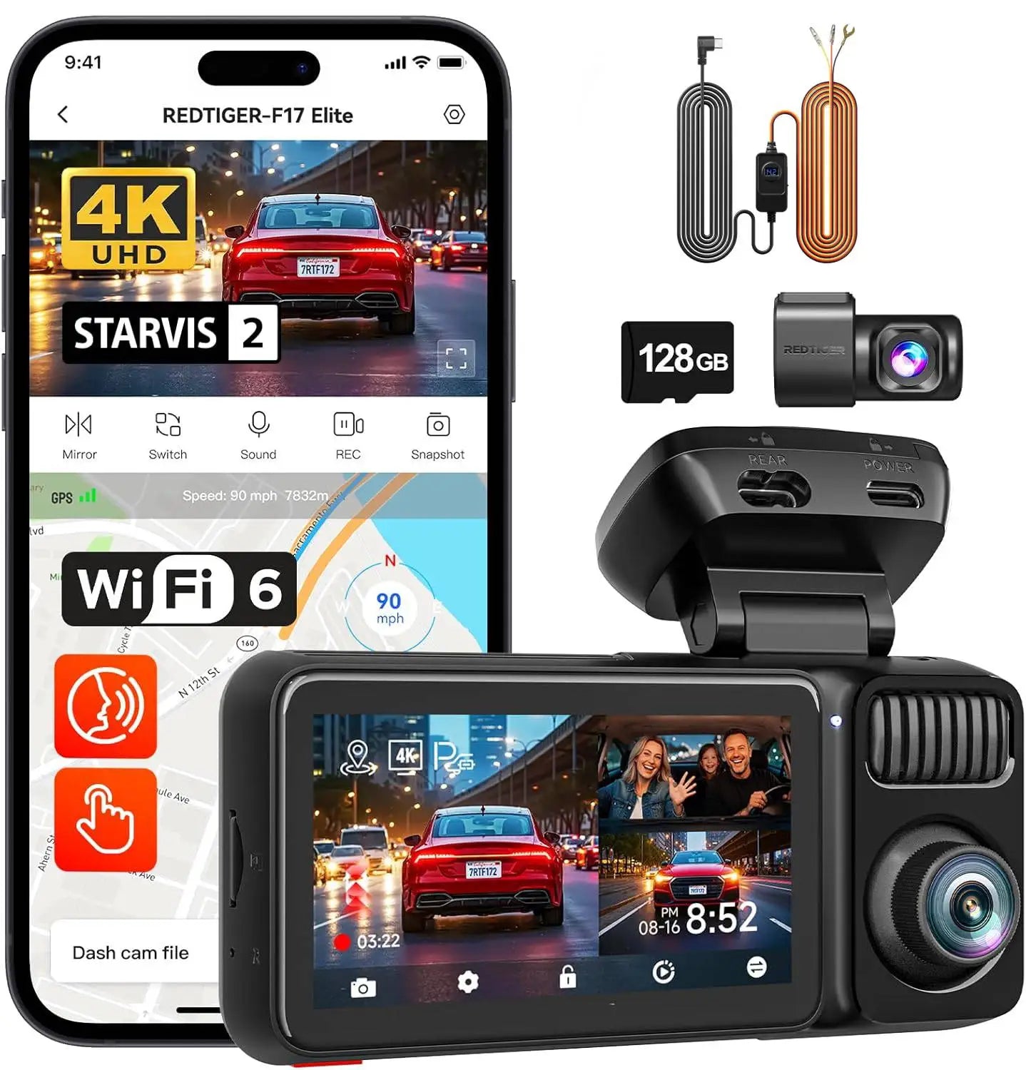 REDTIGER F17 Elite 4K 3 Channel Dash Cam 5.8Ghz Wifi 6 Full Night Color Touch Screen Voice Control Car Cameras 128GB Card HDR