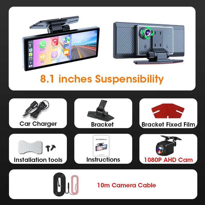 8.1 inch Wireless Carplay&Android Auto 2.5K Car DVR Multimedia 5G WIFI Dashcam Rearview Camera GPS Navigation Dashboard FM AUX
