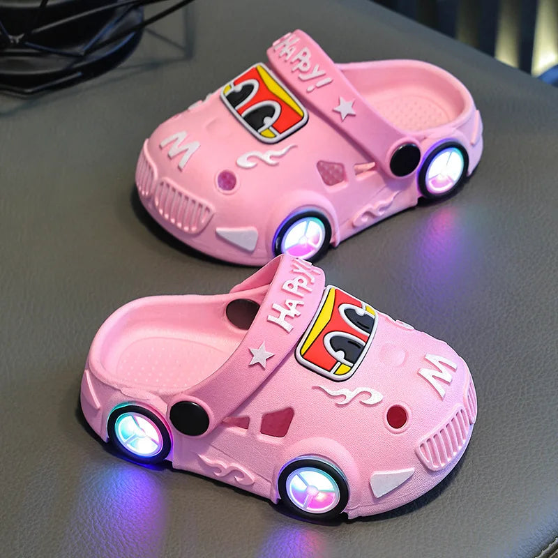 Children's Slippers 2026 Summer New Boys' Car Shaped Wheels Will Light Up Anti Slip Soft Bottom Baby Beach Slippers