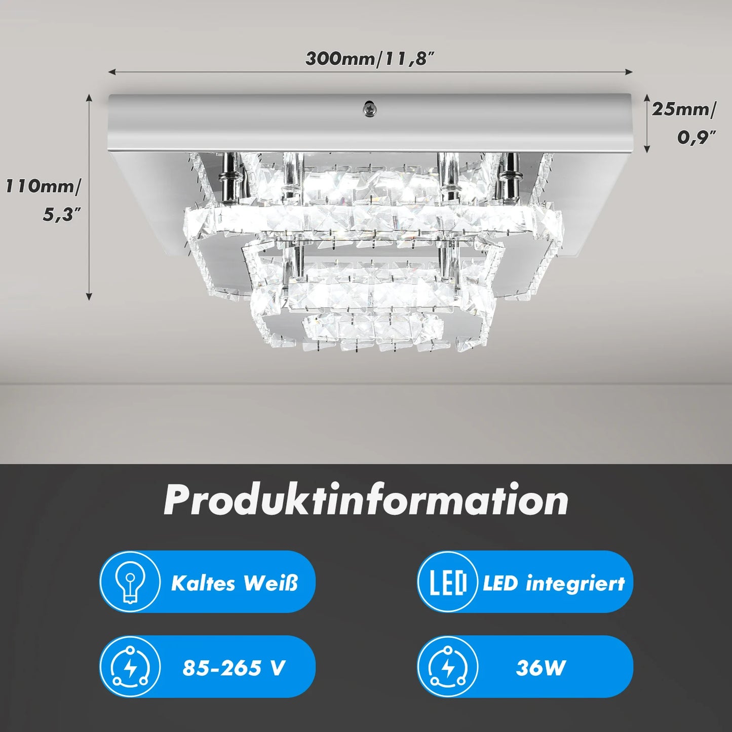 Kristall-LED-Deckenleuchte, moderne Kristalllampe K9 Edelstahl 36W Deckenlampen für Küche, Schlafzimmer, Durchmesser 30 cm