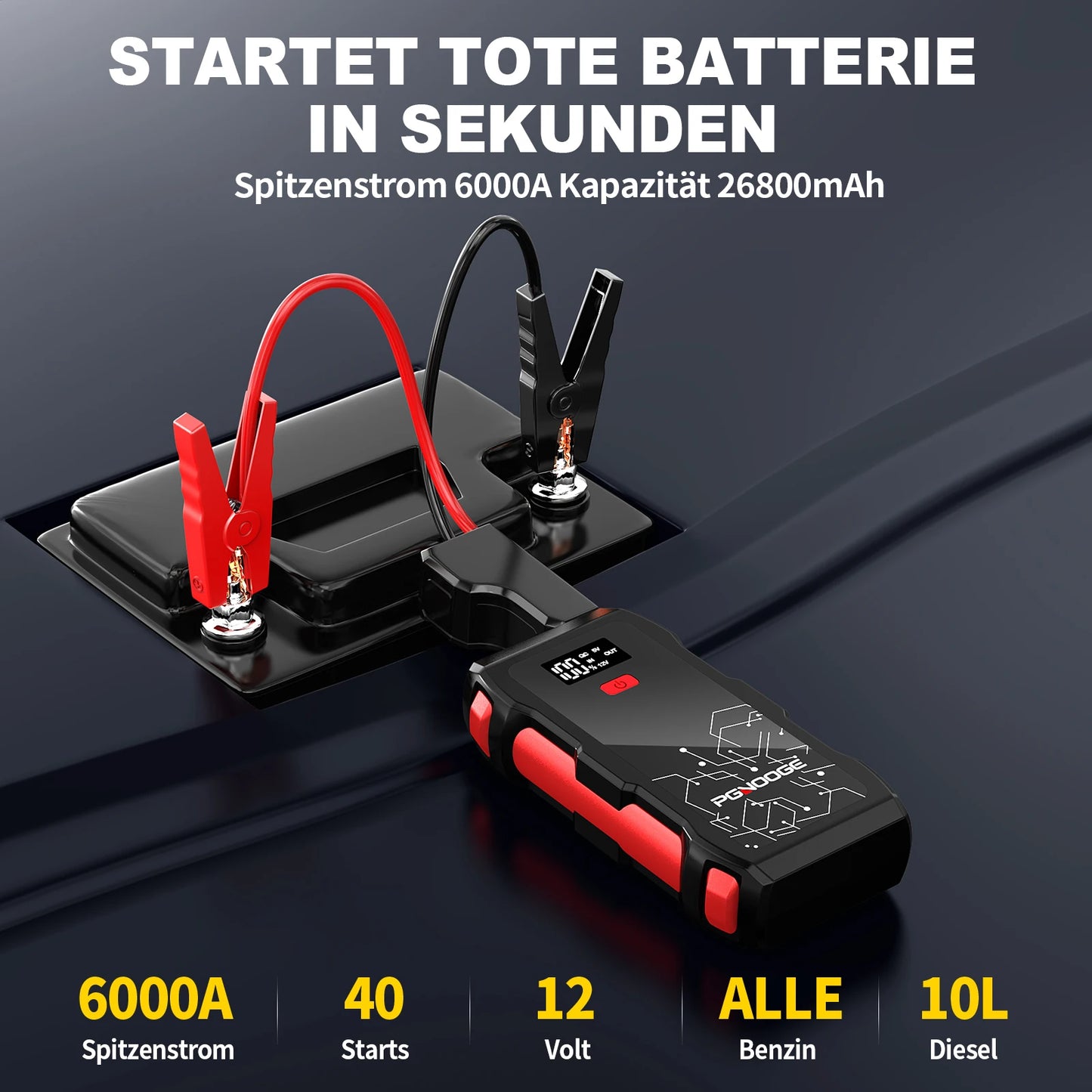 26800mAh 6000A Car Jump Starter, Car Battery Booster for All Gas and Up to 10L Diesel Engines, 12V Auto Emergency Jumper Starter