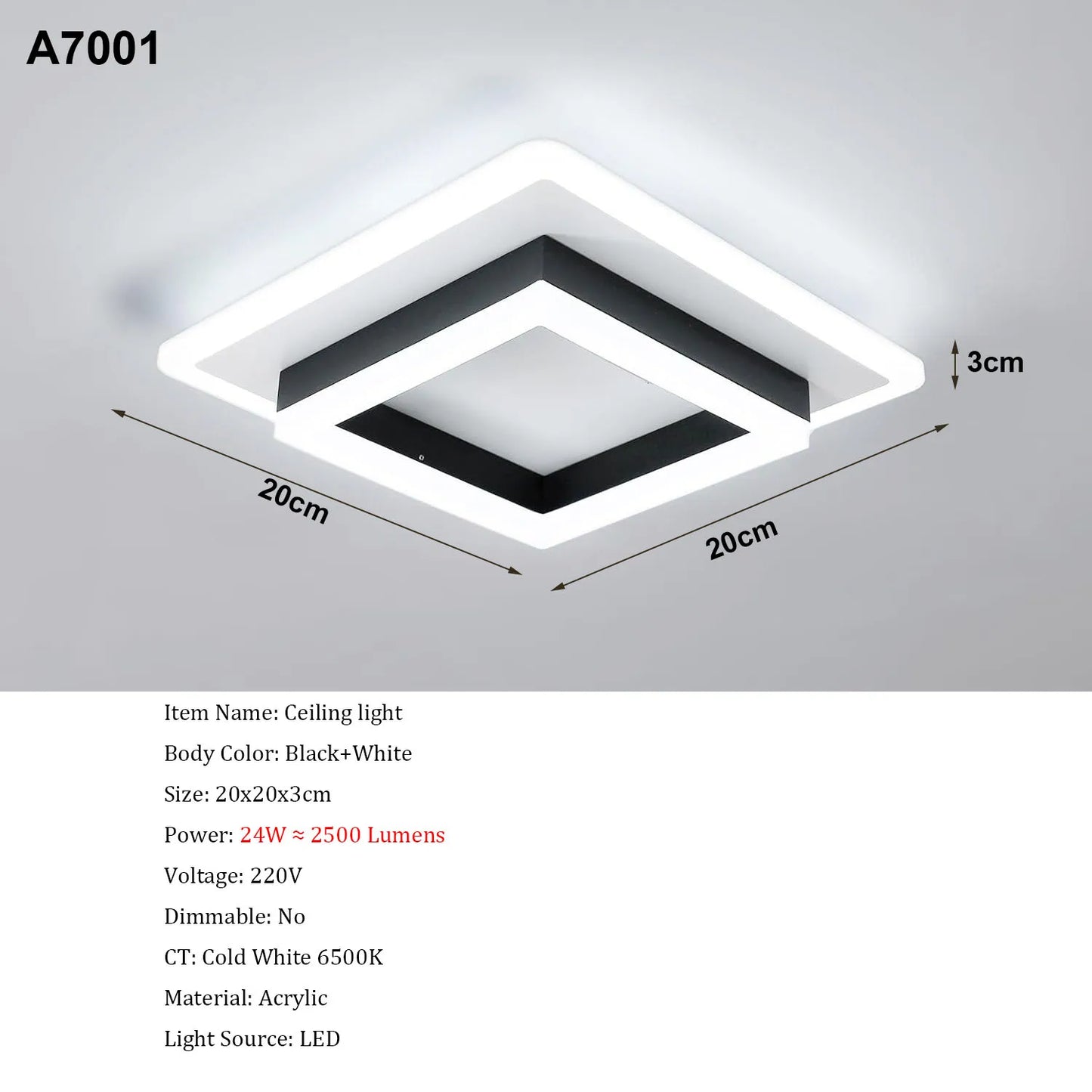 Square Acrylic  Ceiling Light Modern LED Ceiling Lamp,White 6500K LED Ceiling Lights for Bedroom Office Kitchen Living Room
