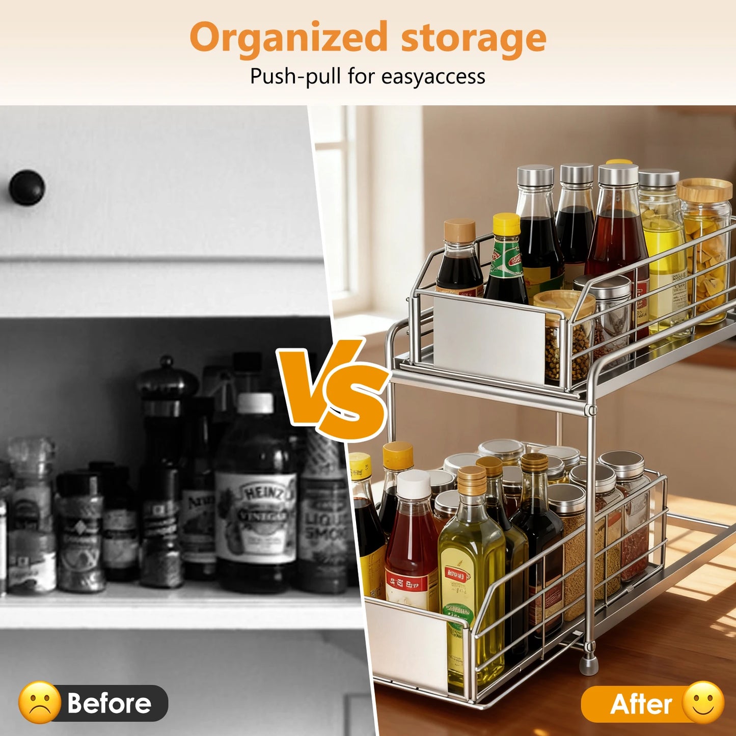 Pull out Cabinet Organizer 2-Tier Spice Rack Inside Cupboard Metal Shelf Rack Organization Drawers for Kitchen Bathroom Storage