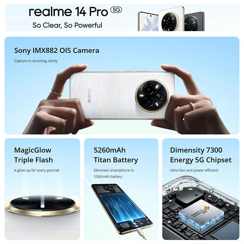 Global Version Realme 14 Pro 5g Smartphone 5g Dimensity 7300 Energy Processor Chipset Sony Imx882 Camera with Ois Screen
