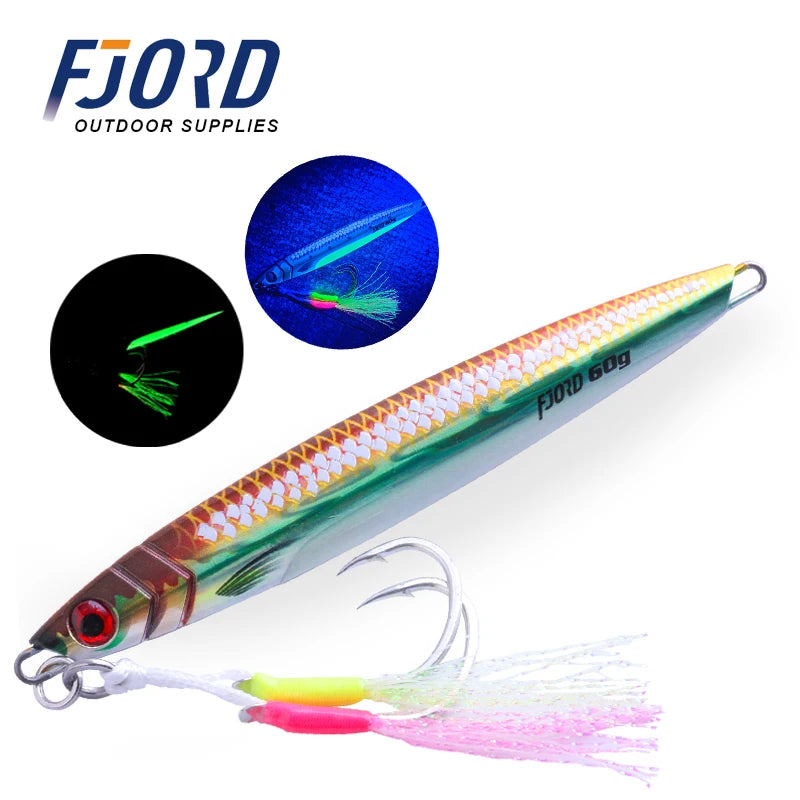 FJORD 3D Printing Metal Jig Night Glow Vertical Jig 40g 60g 80g Laser Strong Glow Silk UV Point Pike Hook Fishing Lure Supply