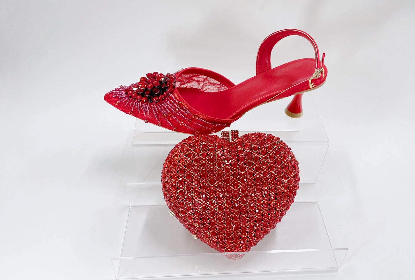 INSIGHTLINK Red Color Party Shoes and Bags Nigerian Women’s Suit Medium Heel Pointed Toe Women’s Shoes  Rhinestones sandals Red