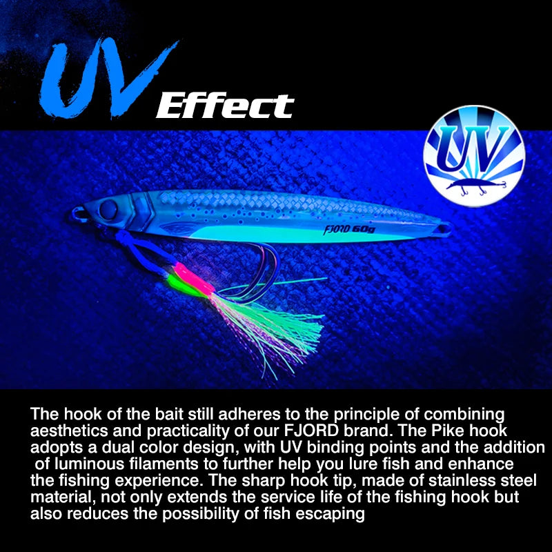 FJORD 3D Printing Metal Jig Night Glow Vertical Jig 40g 60g 80g Laser Strong Glow Silk UV Point Pike Hook Fishing Lure Supply