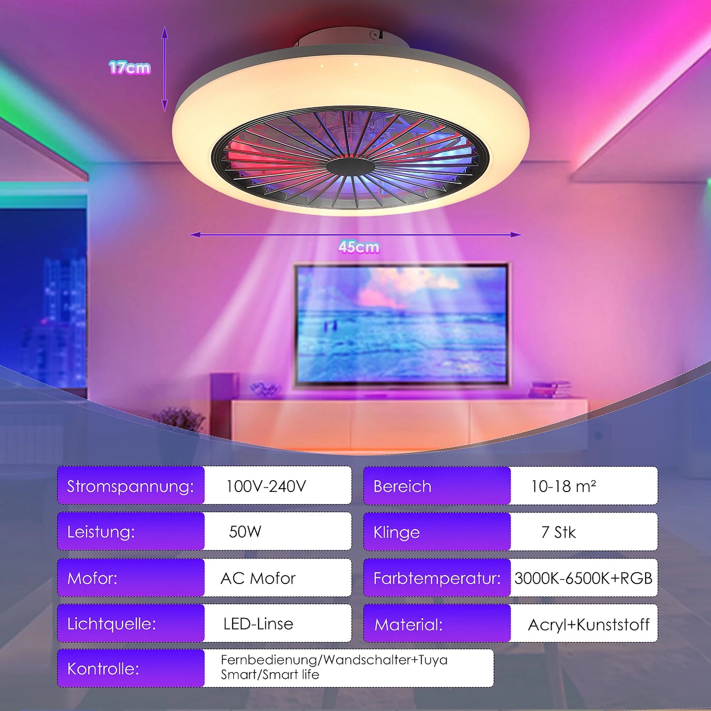 50W Quiet Ceiling Fan with Light, RGB Color Changing Dimmable, Timer 6 Speed Settings for living room bedroom