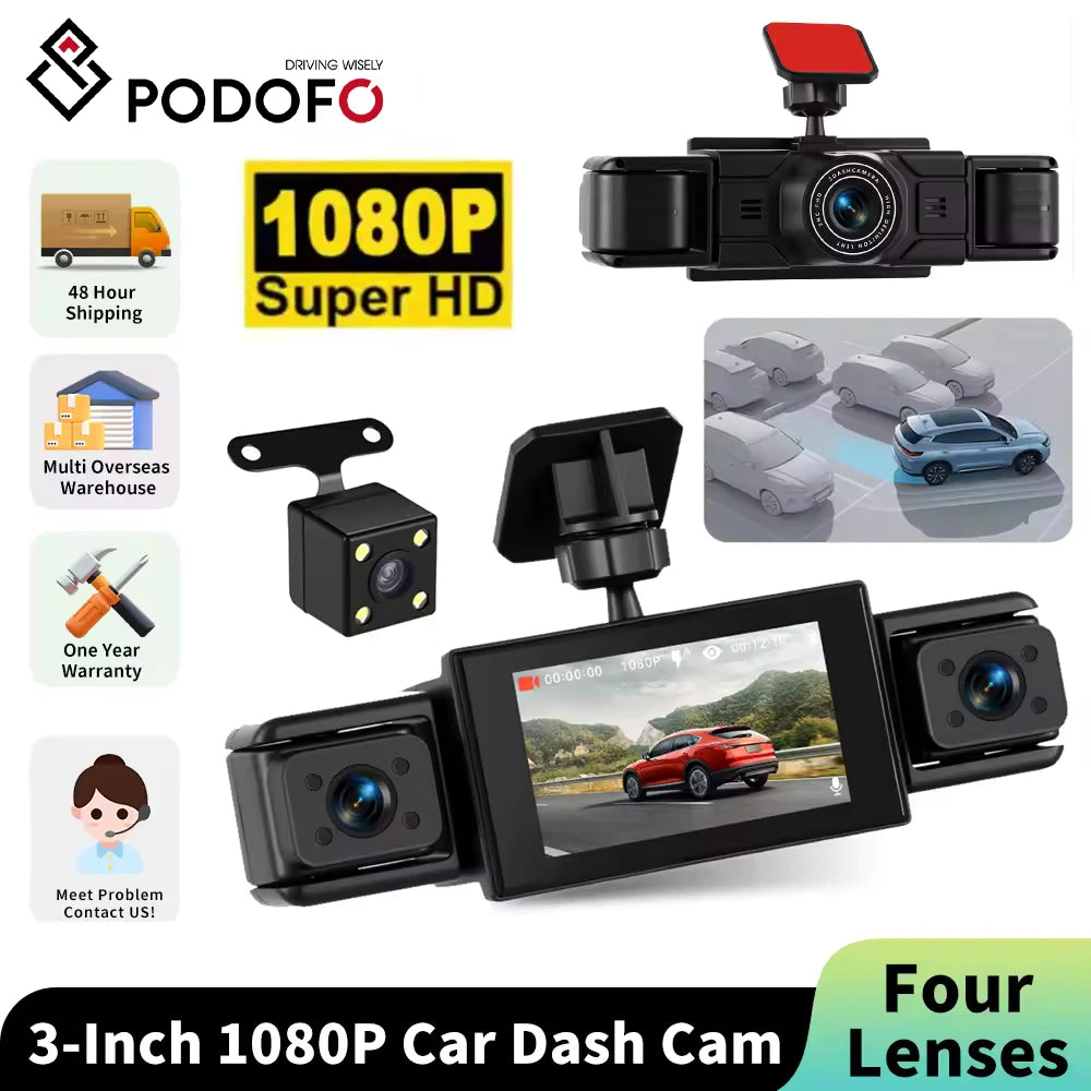 Podofo 3'' 1080P Car Dash Cam Loop Recording Night Vision Car Recorder 4 Lens Reversing Help Motion Detection Parking Monitor