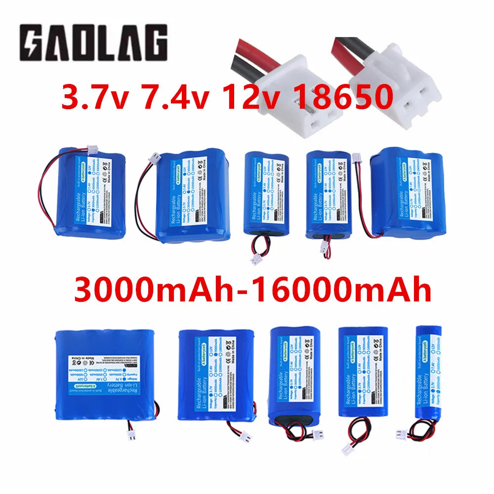 3.7v 7.4v 12v 18650 Li-ion battery 3000mAh 6000mAh 8000mah 9000mAh 12000mAh with PCB protection XH 2.54 2P Plug