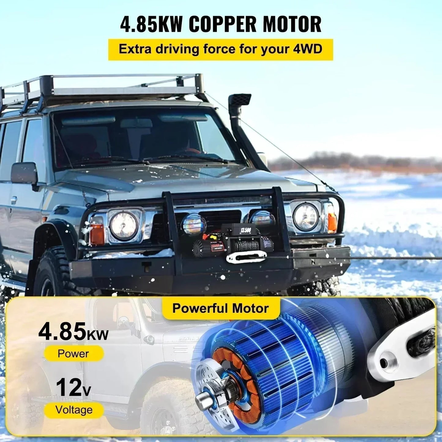 SIHAO 13500LB 12V Electric Capstan Winch - 92-Alloy Synthetic Rope 27M for Off-Road 4x4 Car/ATV/Boat/Trailer Lift Waterproof