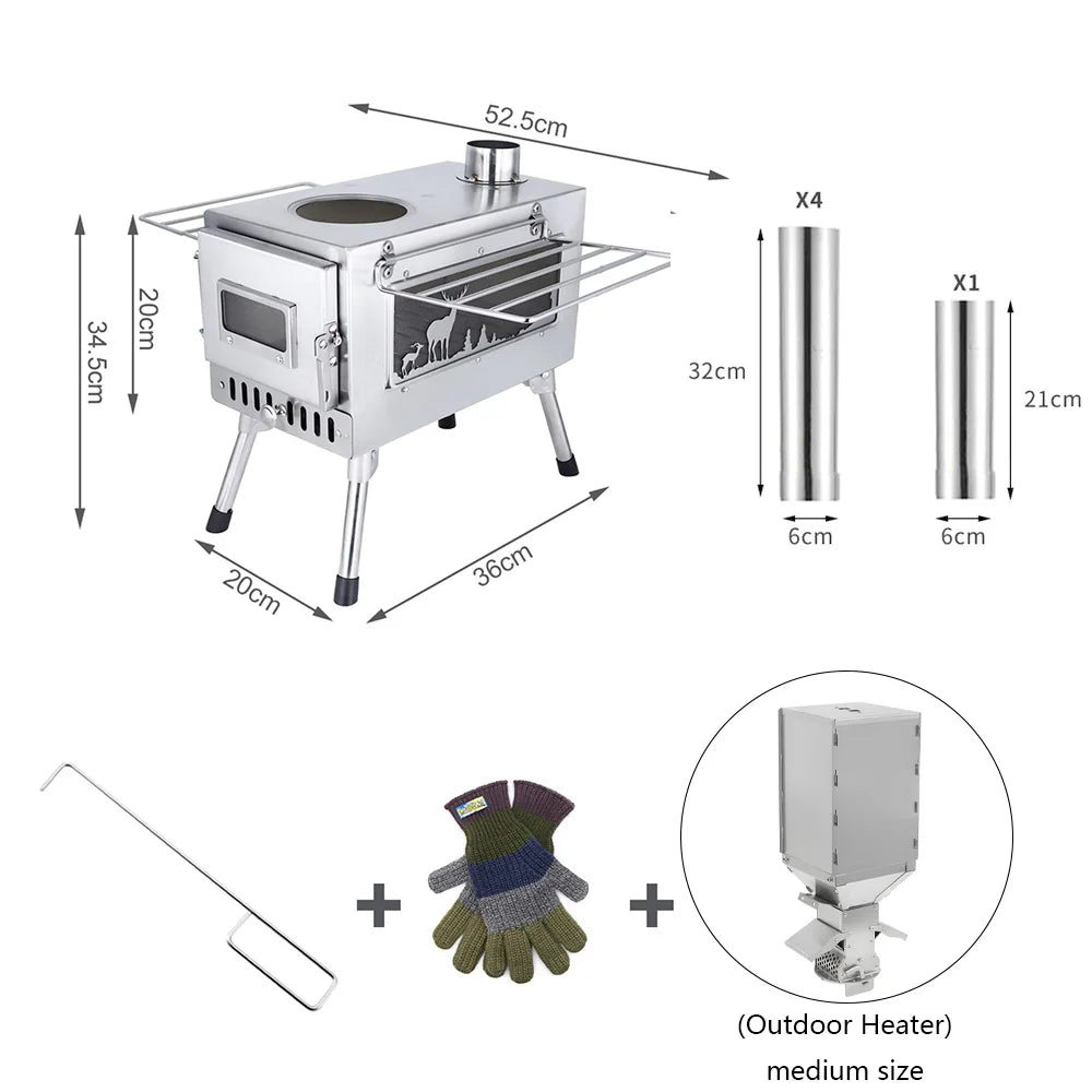Outdoor Tent  Firewood Stove, Camping Heating Stove, Large Stainless Steel Stove, Outdoor Cooking, Barbecue Heating