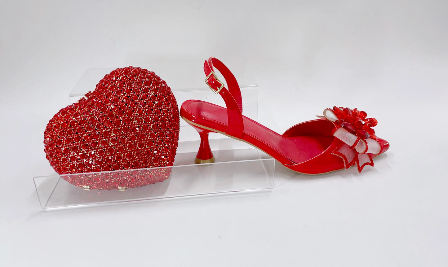 INSIGHTLINK Red Color Party Shoes and Bags Nigerian Women’s Suit Medium Heel Pointed Toe Women’s Shoes  Rhinestones sandals Red