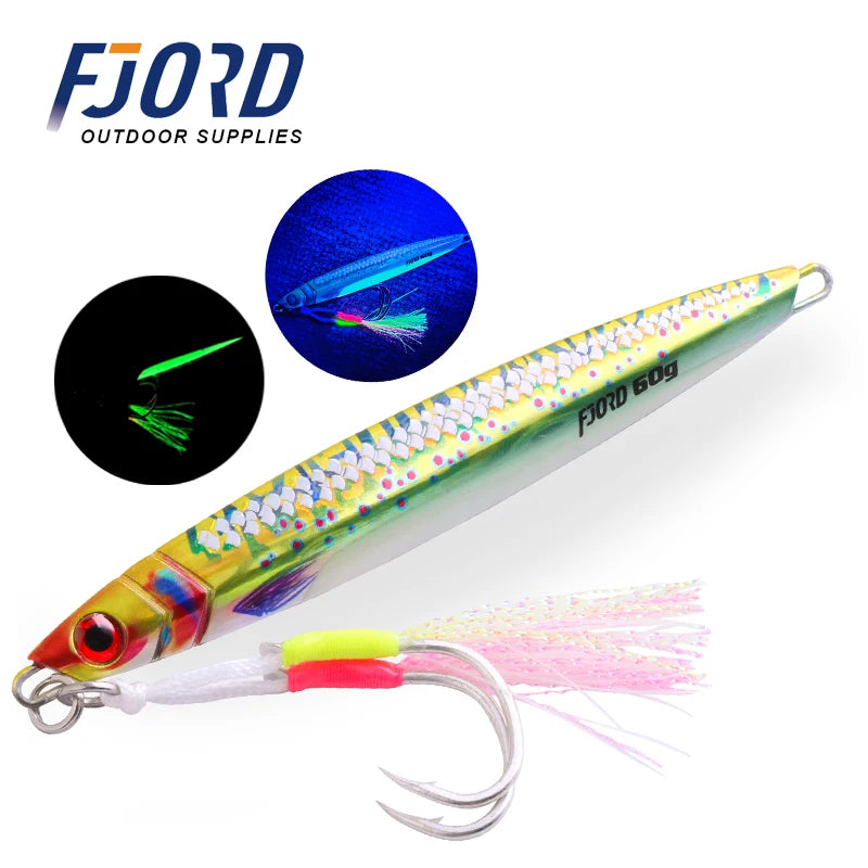 FJORD 3D Printing Metal Jig Night Glow Vertical Jig 40g 60g 80g Laser Strong Glow Silk UV Point Pike Hook Fishing Lure Supply
