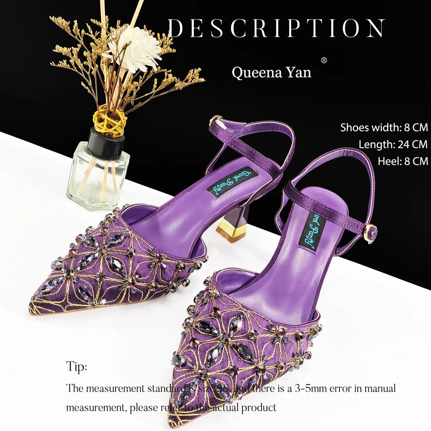 Queena Yan The best gift: Sweet Design Embroidered Beaded Pointed Toe Shoes Comfortable Square Heel Sandals