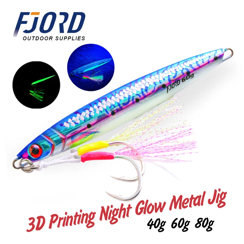 FJORD 3D Printing Metal Jig Night Glow Vertical Jig 40g 60g 80g Laser Strong Glow Silk UV Point Pike Hook Fishing Lure Supply