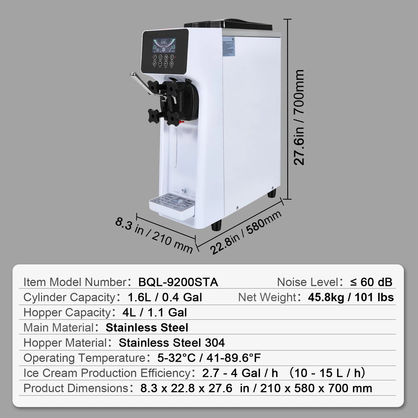 VEVOR Commercial Ice Cream Machine 10.6 QT/H Yield 1000W Single Flavor Countertop Soft Serve Ice Cream Maker 4L Hopper  Cylinder
