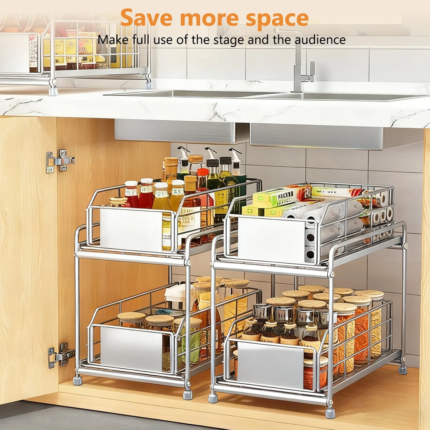 Pull out Cabinet Organizer 2-Tier Spice Rack Inside Cupboard Metal Shelf Rack Organization Drawers for Kitchen Bathroom Storage