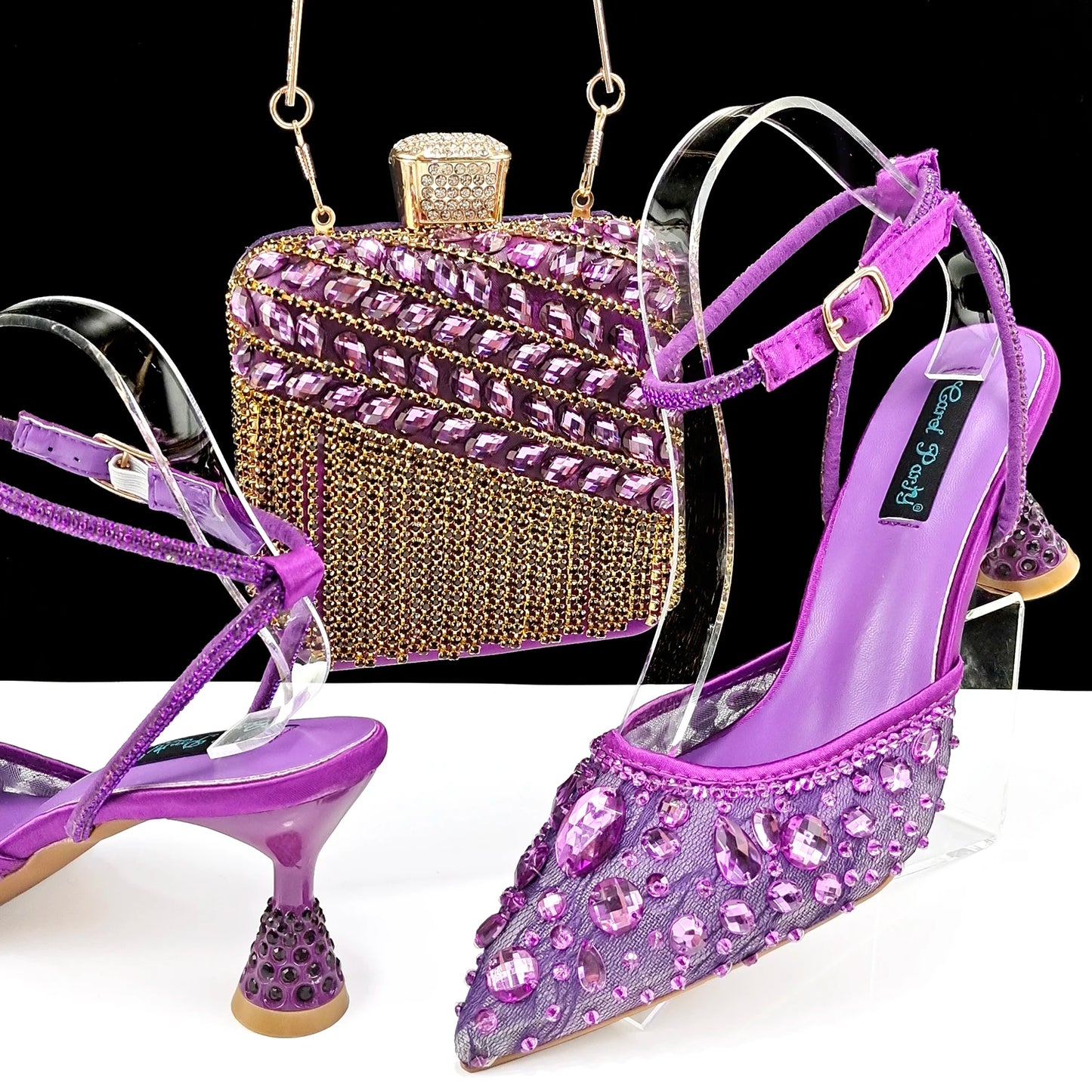 Shiny Purple Color Shoes and Bag Elegant Handbags and Medium Heel Shoes Beautiful Handmade shoes For Wedding Party