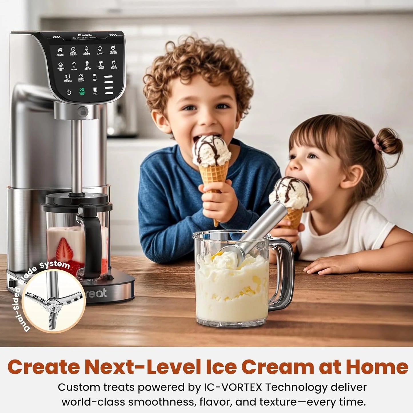 Ice Cream Maker 360° Dual Blade Frozen Treat Machine with 3 Tubs for Gelato Sorbet Yogurt Milkshake One-Touch Programs BPA-Free