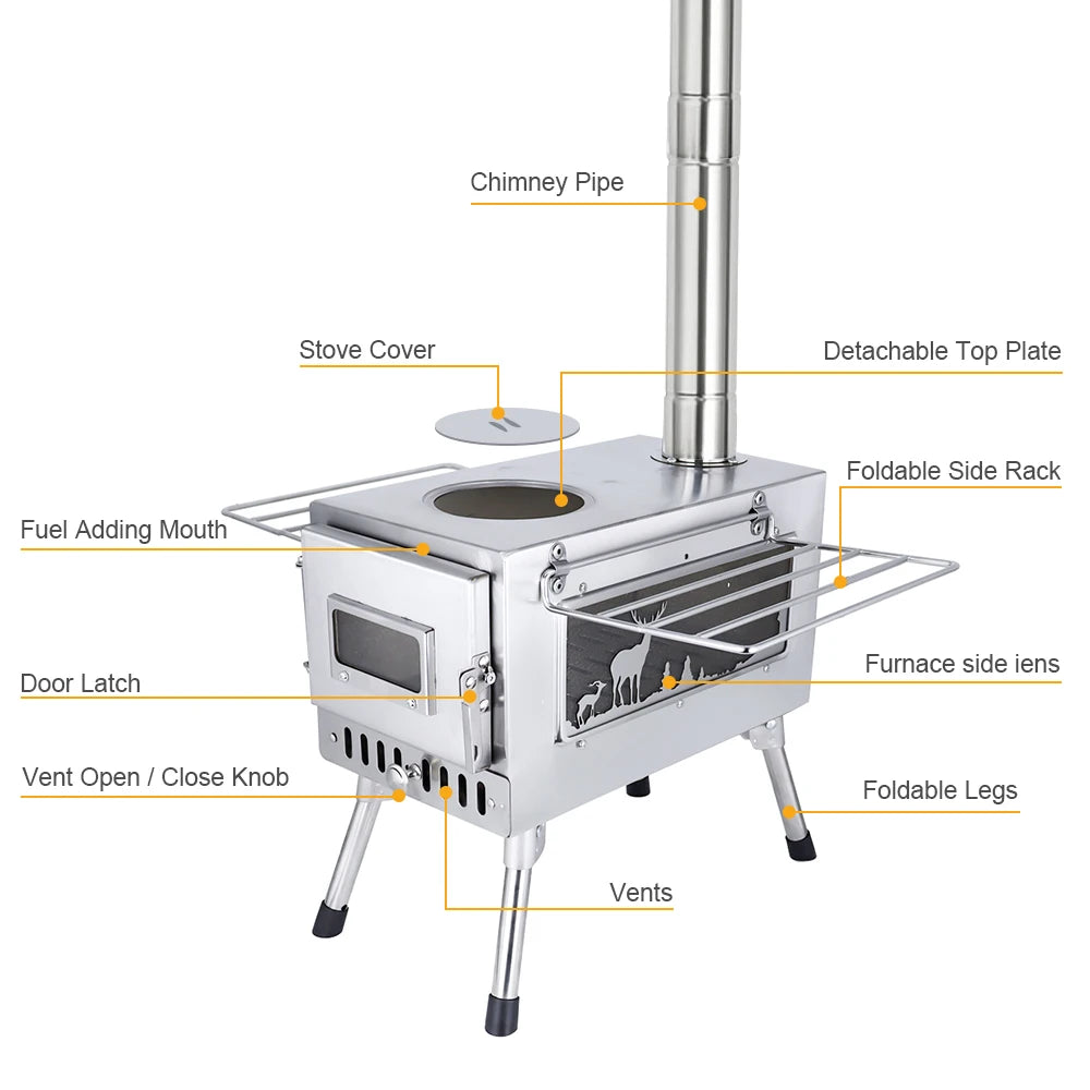 Outdoor Tent  Firewood Stove, Camping Heating Stove, Large Stainless Steel Stove, Outdoor Cooking, Barbecue Heating