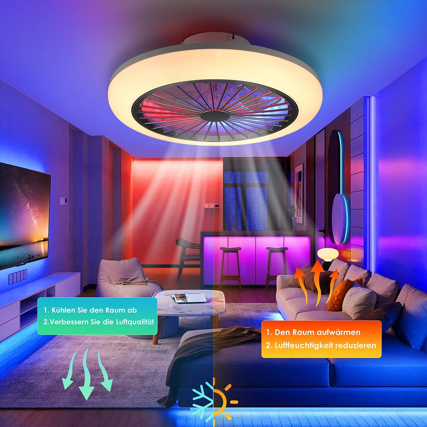 50W Quiet Ceiling Fan with Light, RGB Color Changing Dimmable, Timer 6 Speed Settings for living room bedroom
