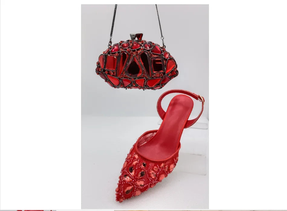 INSIGHTLINK Red Color Party Shoes and Bags Nigerian Women’s Suit Medium Heel Pointed Toe Women’s Shoes  Rhinestones sandals Red