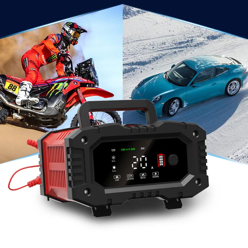 Portable 20A/10A Car Battery Charger 12V 24V Automatic Motorcycle Truck AGM LiFePO4 Lead Acid Start Stop Battery with Repair