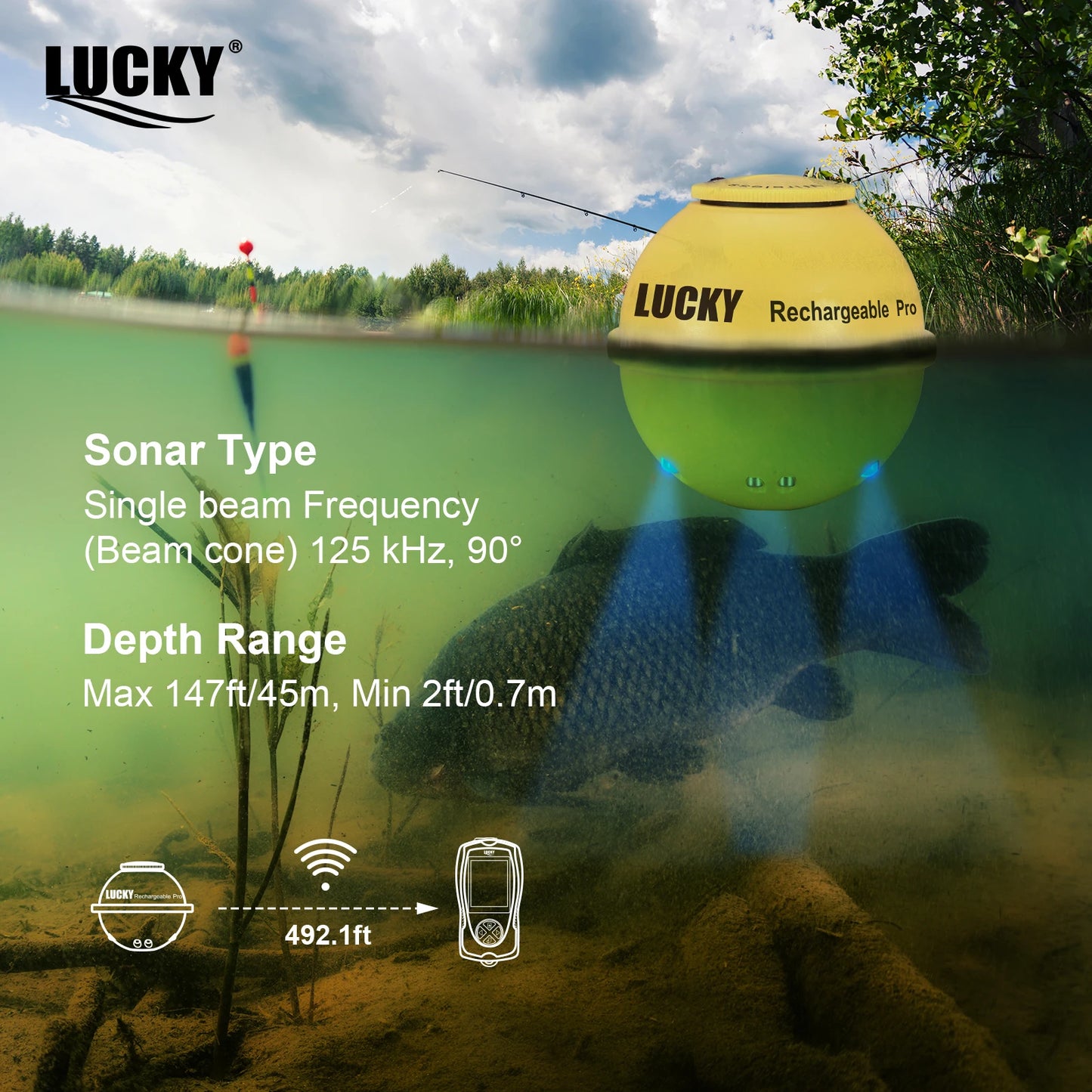 LUCKY FF1108-1CWLA Rechargeable Wireless Sonar for Fishing 45M Water Depth Echo Sounder Fishing Finder Portable Fish Finder