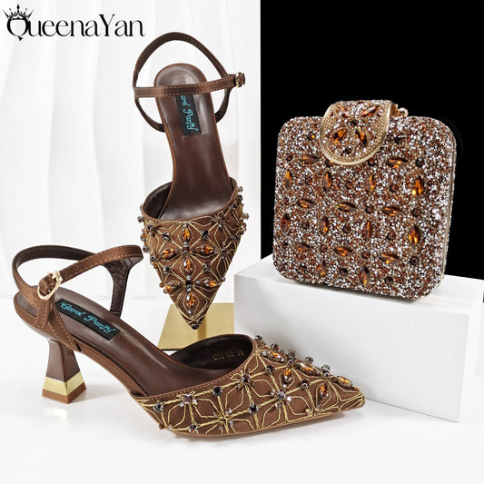 Queena Yan New Arrival Lovely Style Coffee Color Rhinestone Decoration Design Pointed Toe Lady Shoes and Bag for Party Wedding