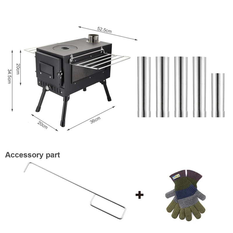 Portable Outdoor Camping Wood-burning Stove Wood Burner Stainless Steel Foldable Tent Heater w Tent Fire Window Patio Fireplace