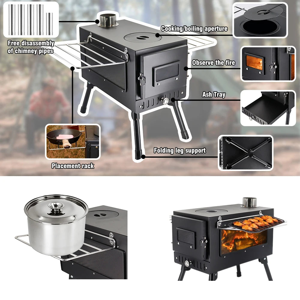 Portable Outdoor Camping Wood-burning Stove Wood Burner Stainless Steel Foldable Tent Heater w Tent Fire Window Patio Fireplace