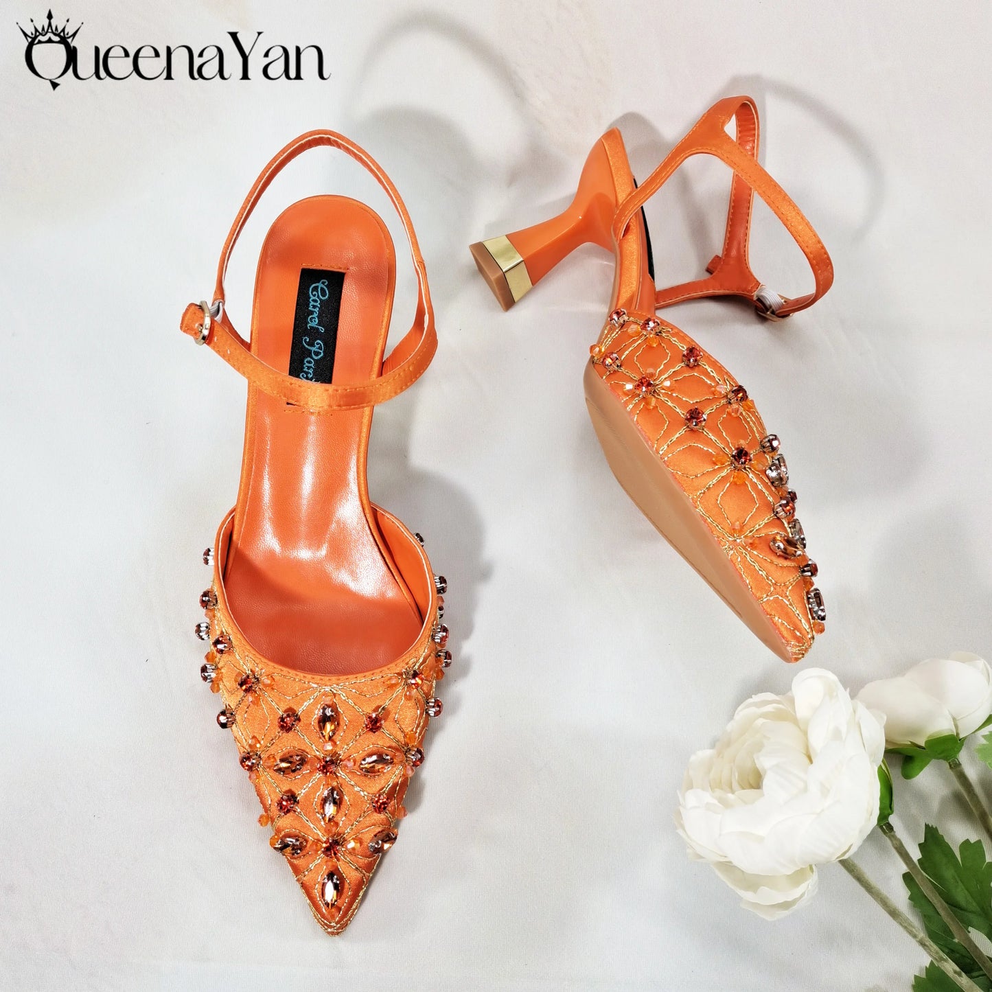 Queena Yan The best gift: Sweet Design Embroidered Beaded Pointed Toe Shoes Comfortable Square Heel Sandals