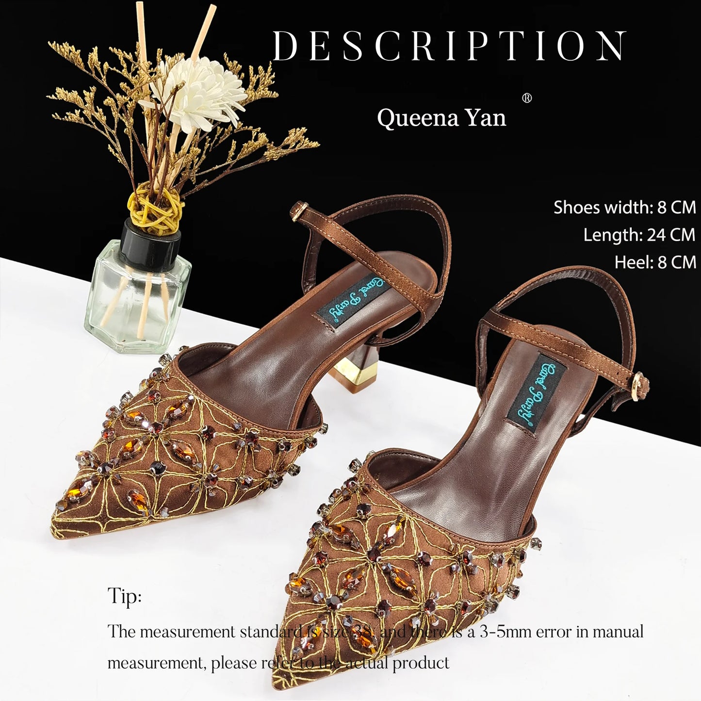 Queena Yan The best gift: Sweet Design Embroidered Beaded Pointed Toe Shoes Comfortable Square Heel Sandals