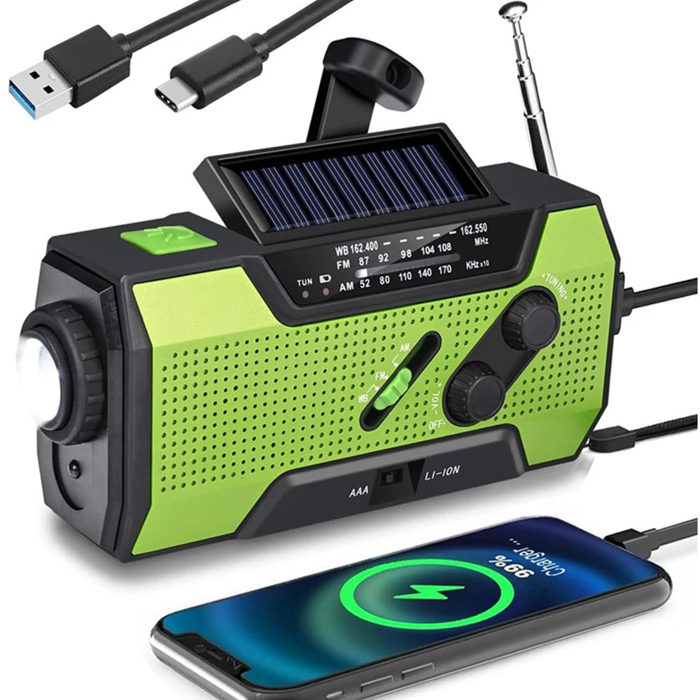 Emergency Weather Radio /AM/FM/WB With 2000mAh Portable Radio Power Bank USB/Solar/Hand Crank Charge,Battery Operated,SOS Alarm