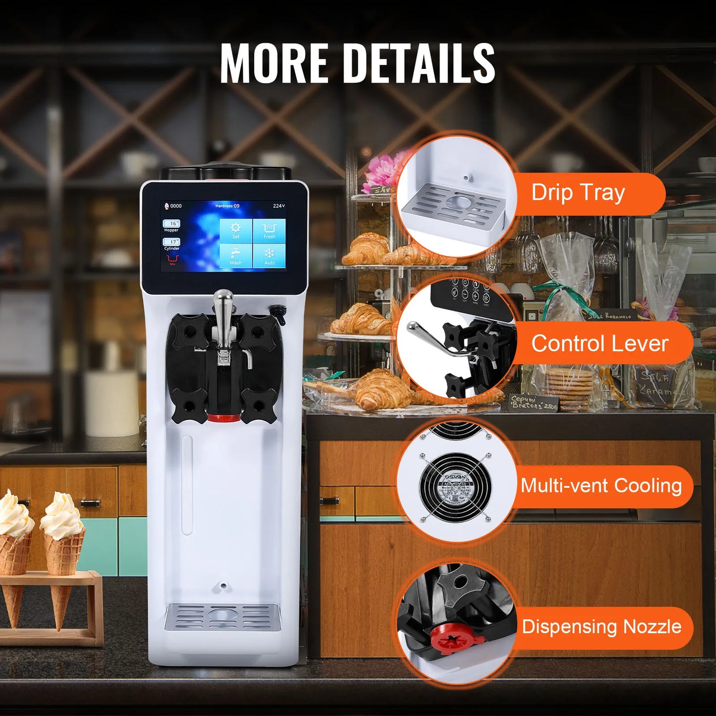 VEVOR Commercial Ice Cream Machine 10.6 QT/H Yield 1000W Single Flavor Countertop Soft Serve Ice Cream Maker 4L Hopper  Cylinder