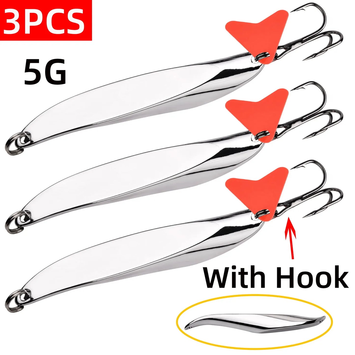 3PCS Hard Bait Silver Spoon Jigging Lure Metal Treble Hook Casting Blade Spinner Trolling Spoons Stainless Sheel Spinner Bait