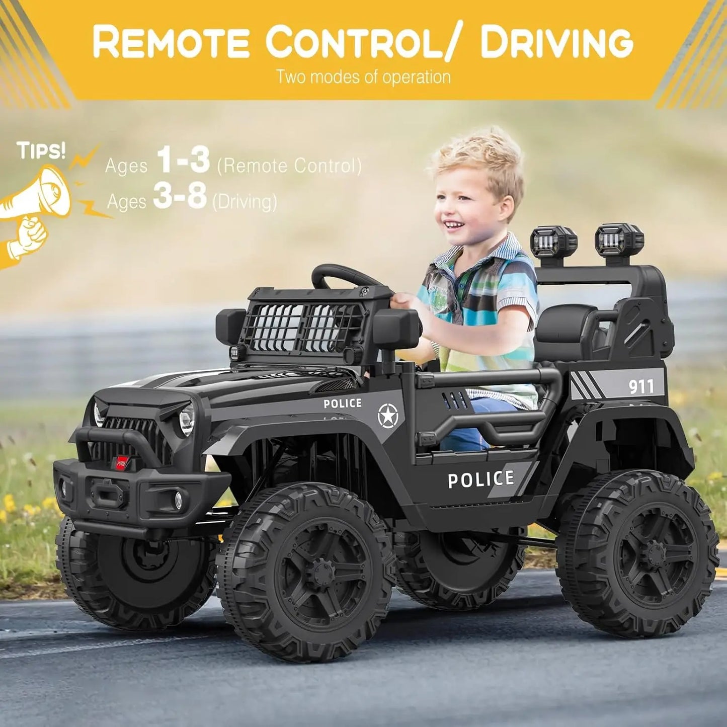 Electric Car Kid 12V Children's Ride On Off-Road Car Toys with Suspension Spring/LED Lights/Bluetooth/2 Speeds for 3 to 8 Years