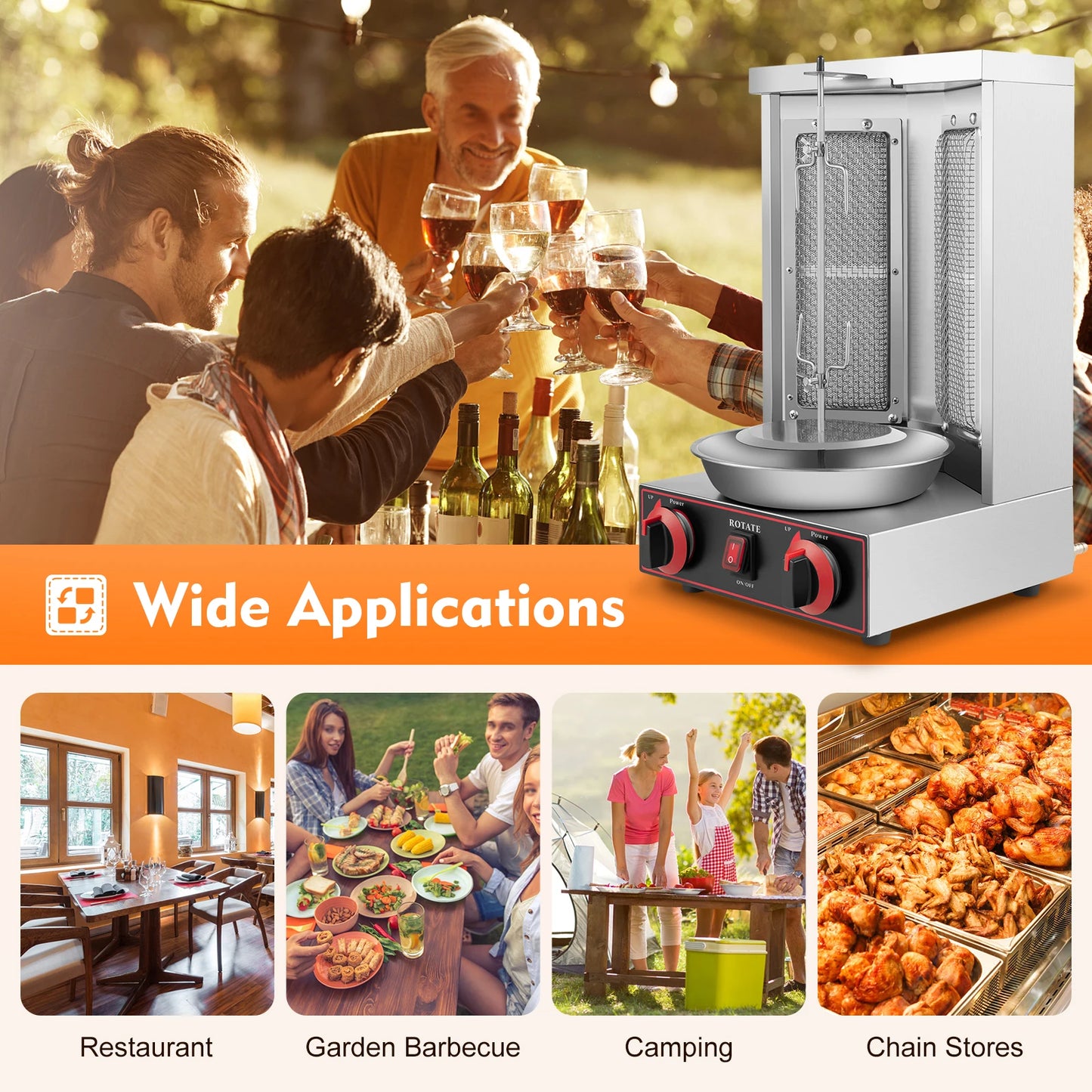 3000W Gas Vertical Shawarma Machine Doner Kebab Grill Gyro Rotisserie Oven Meat Broiler with 2 Burner for Home Restaurant