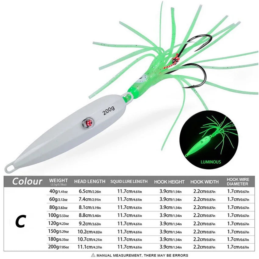 1Pcs Inchiku Jig Lures 40g-200g Slow Metal Jig Luminous Squid Hook Sinking Saltwater Spinning Fishing for Marlin Snapper Grouper